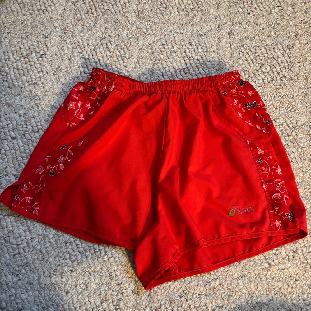 Asics Women's Red Athletic Shorts with Floral Design